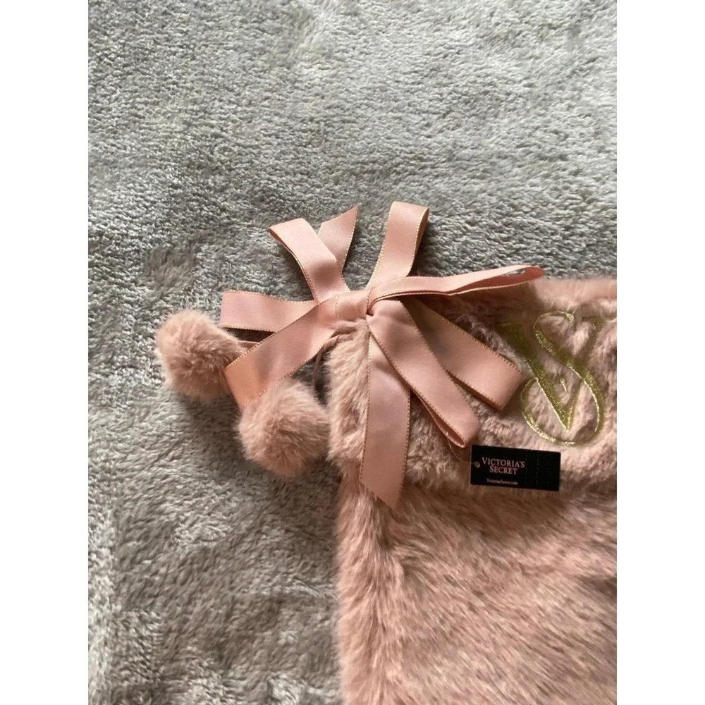 Victoria's Secret Embroidered Fluffy Bow Pompom Christmas Stocking New Tag s2
